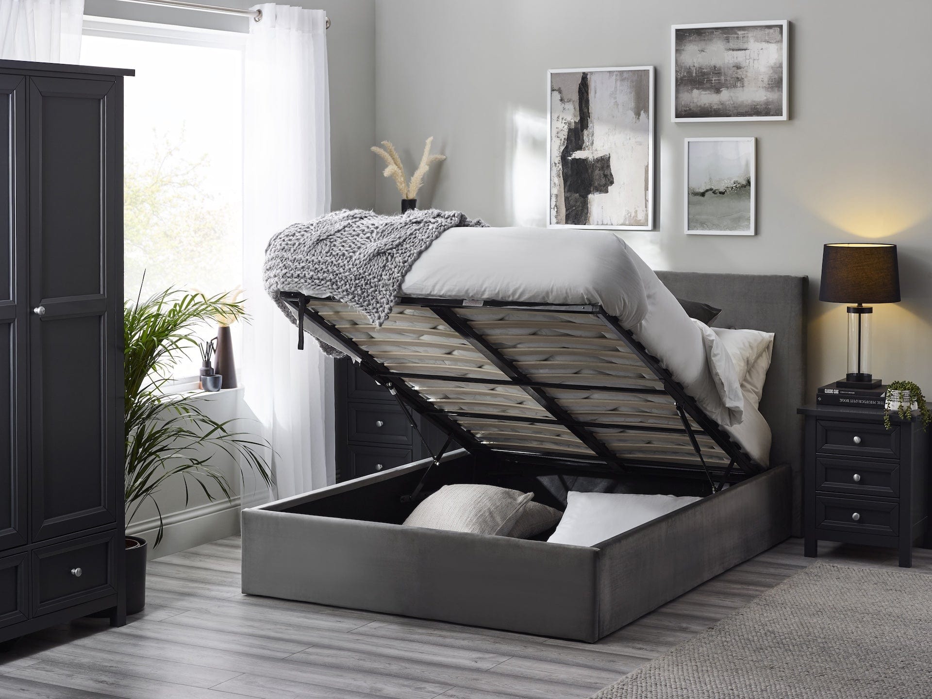 Julian Bowen Fabric Bed Shoreditch High Headboard Lift-Up Storage Bed - Slate Grey Bed Kings