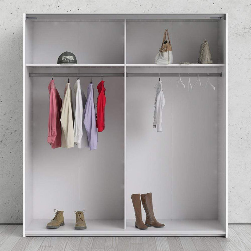 FTG Sliding Wardrobe Verona Sliding Wardrobe 180cm in White with Mirror Doors with 2 Shelves Bed Kings