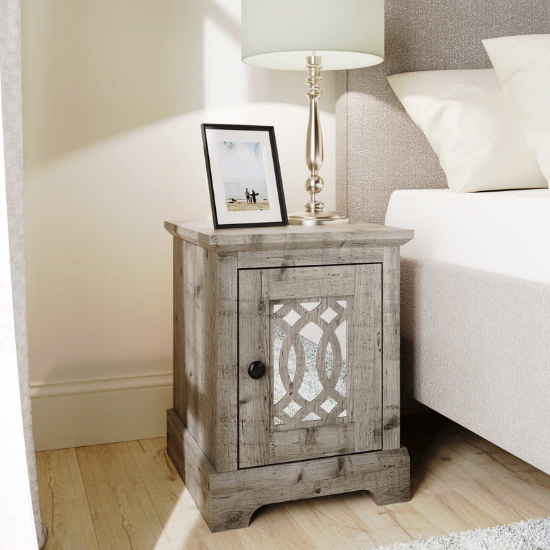 GFW Bedside Table Amelie 1 Door Mirrored Bedside Table Mexican Grey Bed Kings
