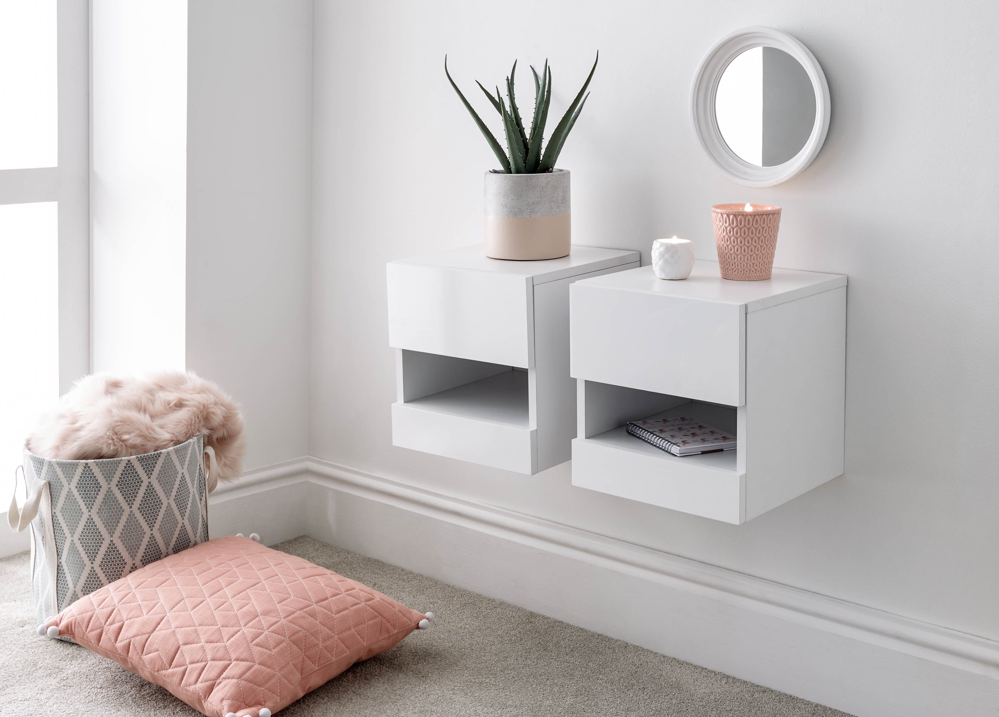 GFW Bedside Table Galicia Pair Of Wall Hanging Bedside Tables White Bed Kings