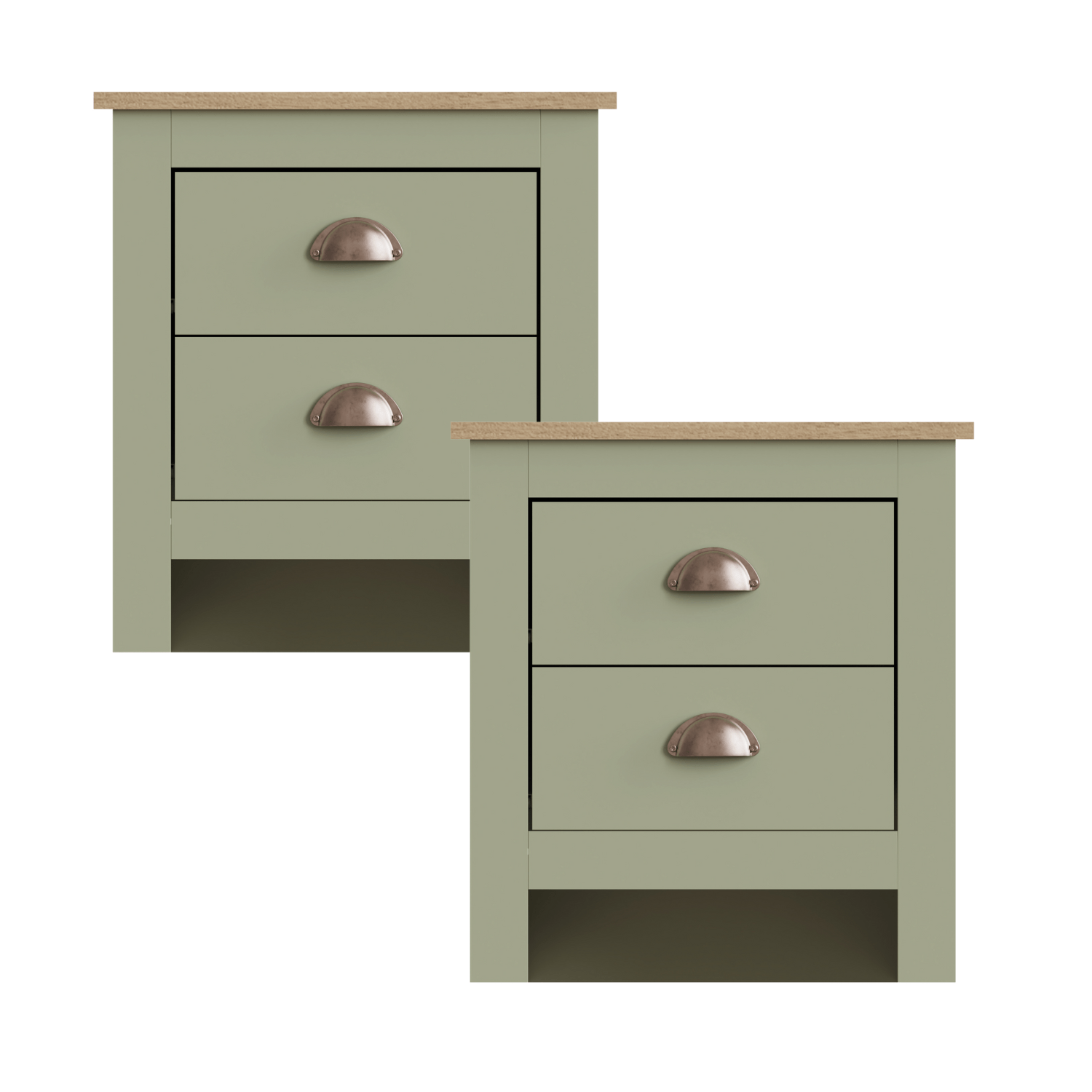 GFW Bedside Table Lancaster 2 Drawer Bedside Sage Green - Twin Pack Bed Kings