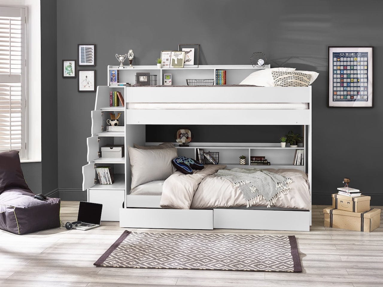 Julian Bowen Bunk Bed Single 90cm 3ft Camelot Staircase Bunk All White Bed Kings