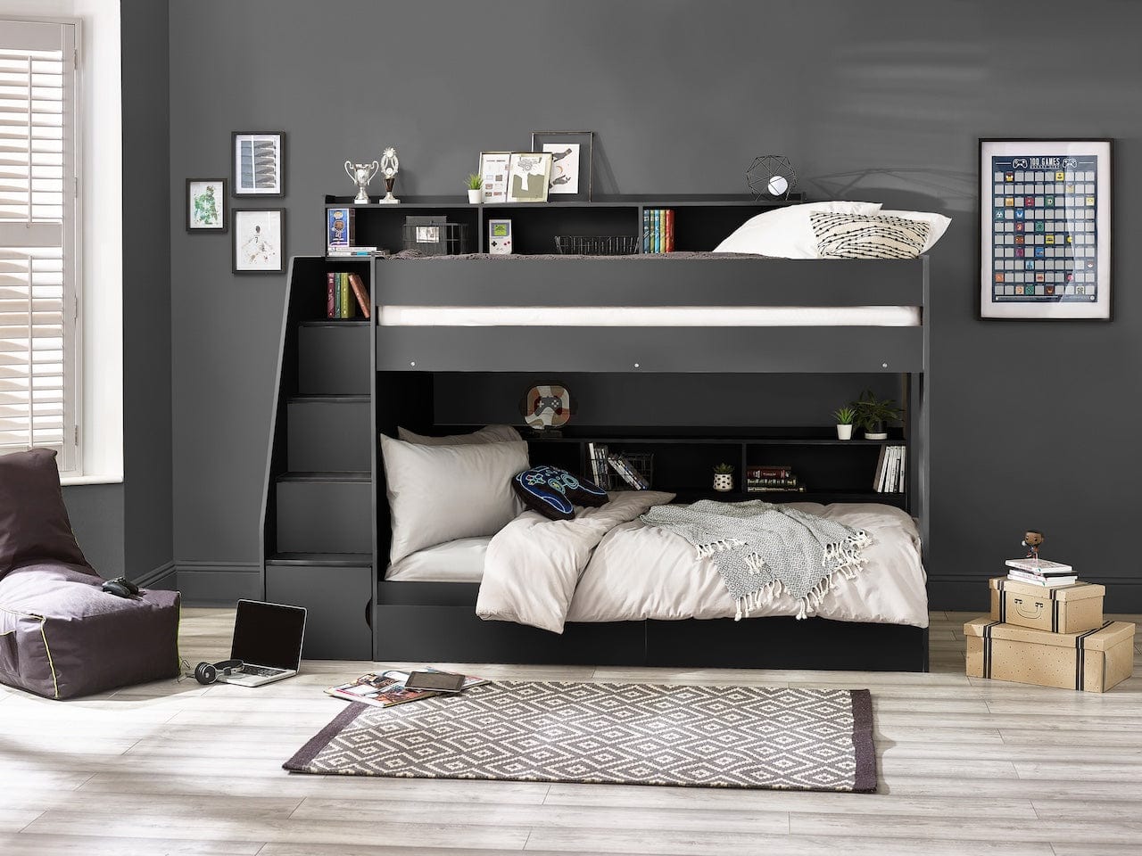 Julian Bowen Bunk Bed Single 90cm 3ft Camelot Staircase Bunk Anthracite Bed Kings