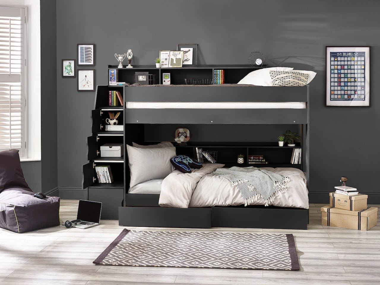 Julian Bowen Bunk Bed Single 90cm 3ft Camelot Staircase Bunk Anthracite Bed Kings