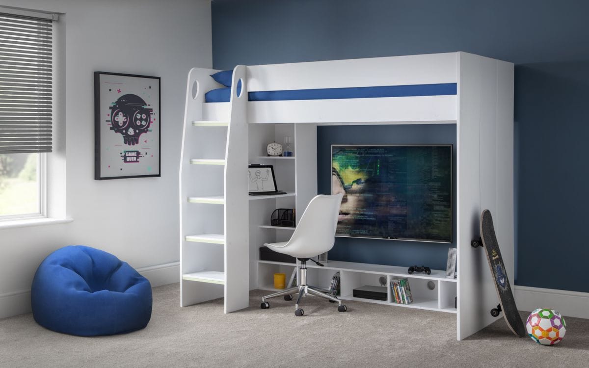 Julian Bowen Bunk Bed Single 90cm 3ft Nebula Gaming Bed - White Bed Kings