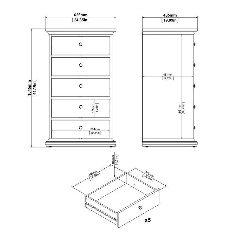 FTG Chest Of Drawers Paris Chest of 5 Drawers in White Bed Kings