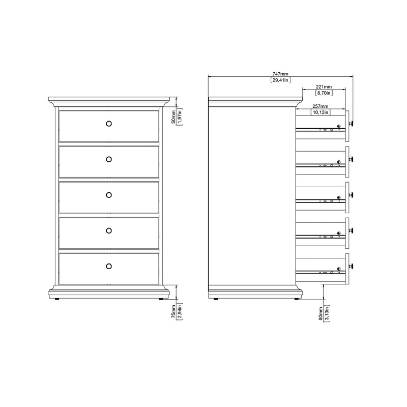 FTG Chest Of Drawers Paris Chest of 5 Drawers in White Bed Kings