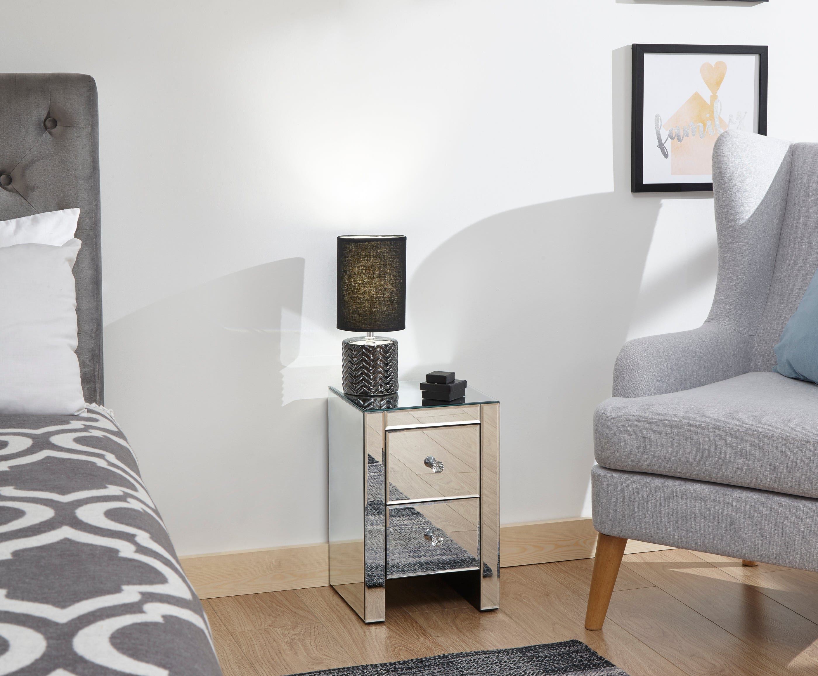 GFW Chest Of Drawers Mirrored 2 Drawer Slim Chest Clear Glass Bed Kings