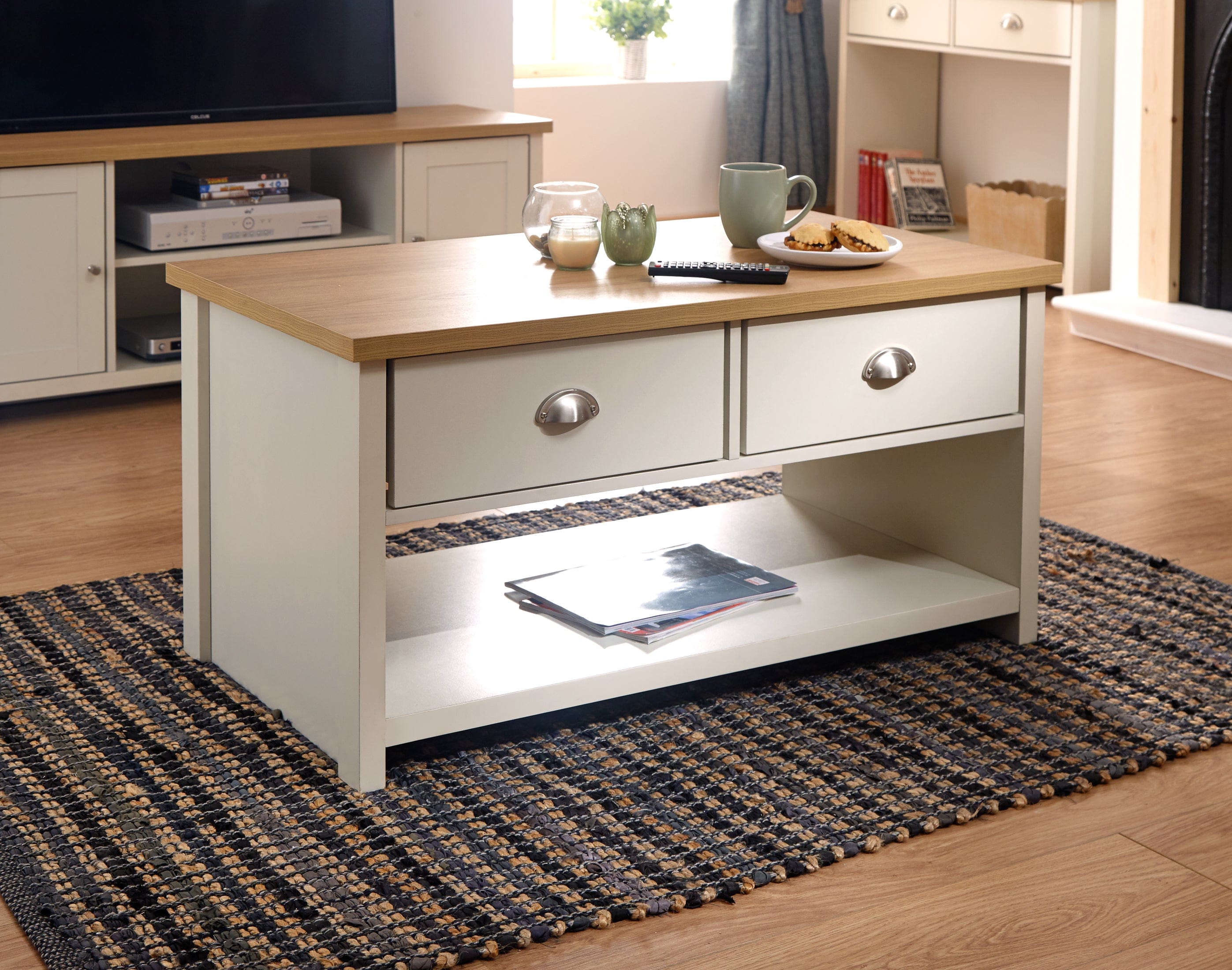 GFW Coffee Table Lancaster 2 Drawer Coffee Table Cream Bed Kings