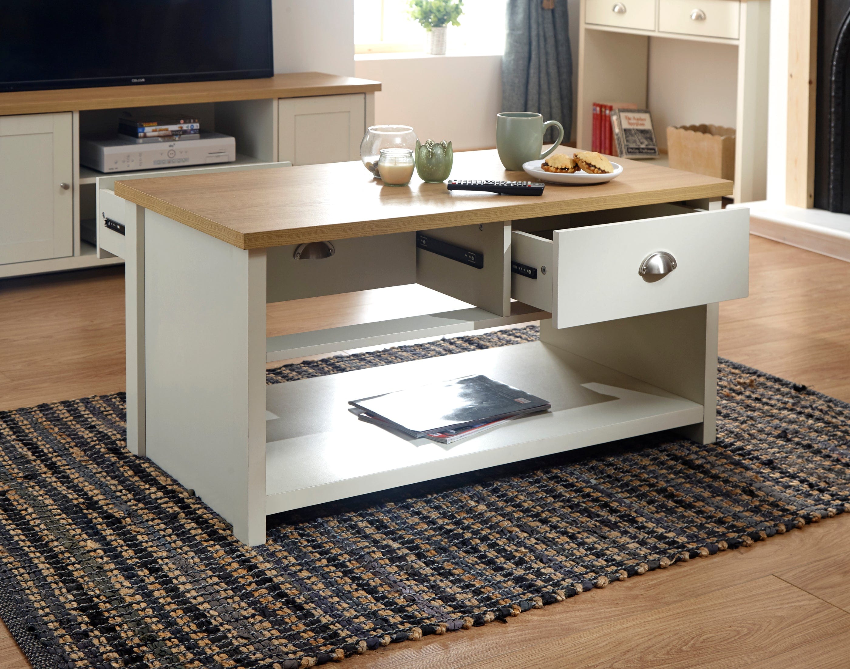 GFW Coffee Table Lancaster 2 Drawer Coffee Table Cream Bed Kings
