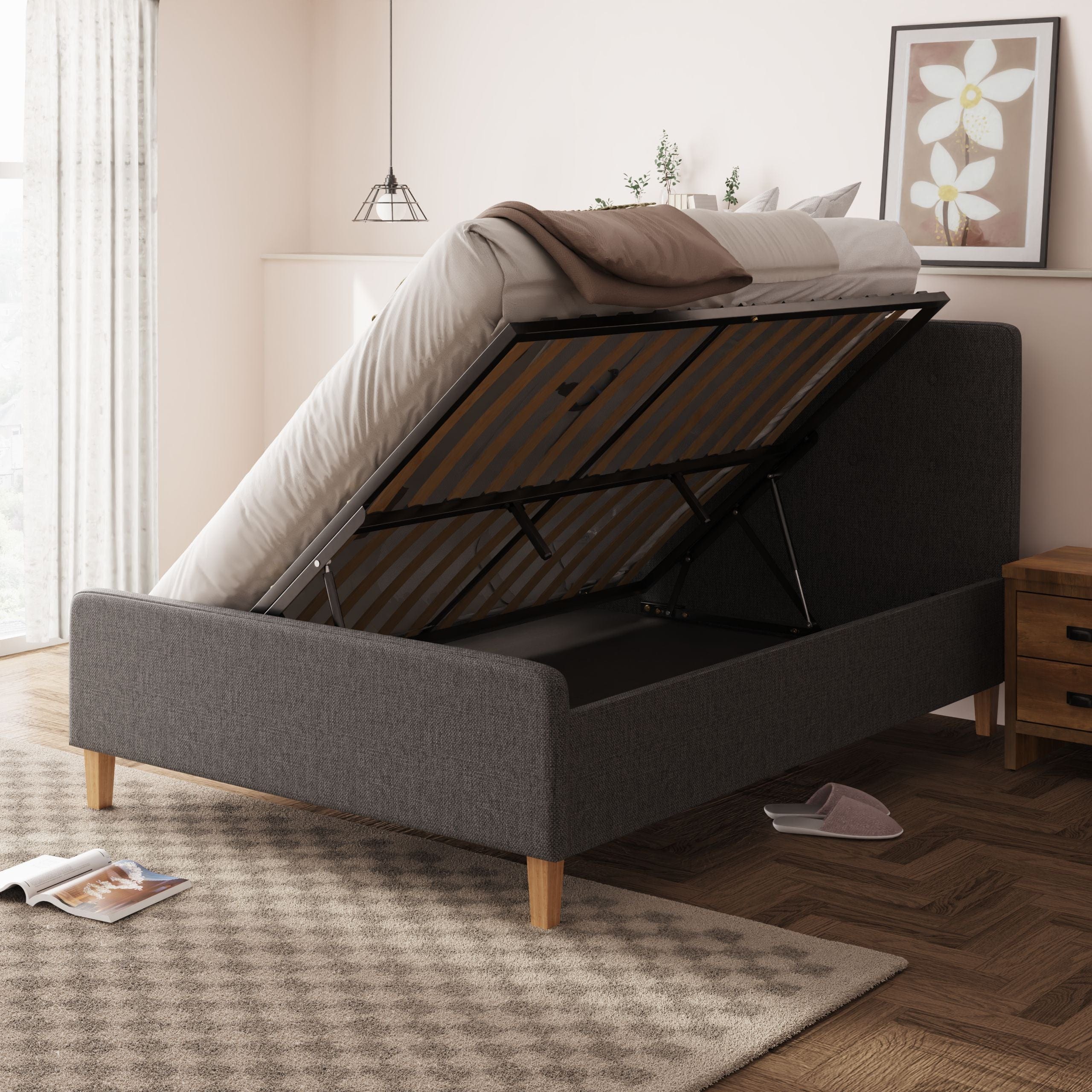 GFW Fabric Bed Ashbourne Ottoman Bed Dark Grey Bed Kings