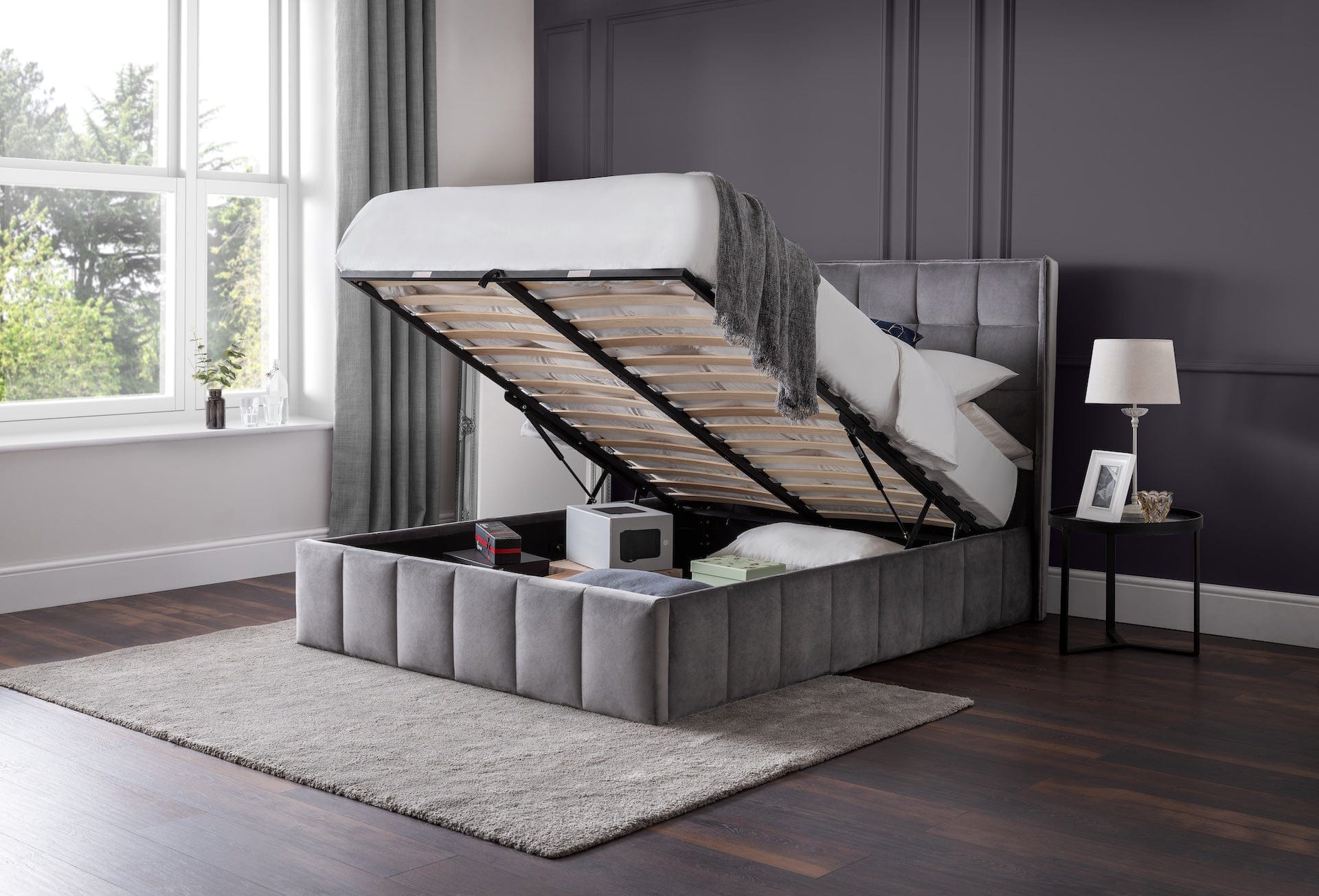Julian Bowen Fabric Bed Gatsby Storage Ottoman Bed - Light Grey Bed Kings