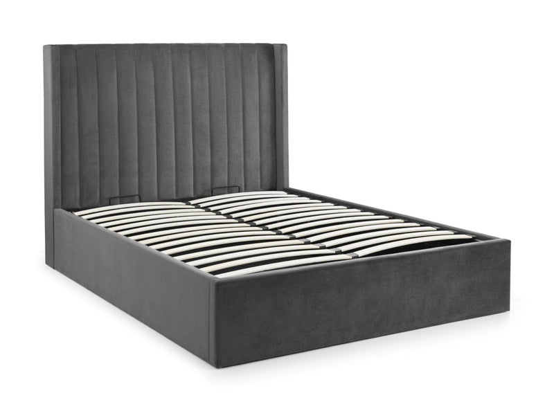 Julian Bowen Fabric Bed Langham Scalloped Headboard Storage Bed - Grey Bed Kings