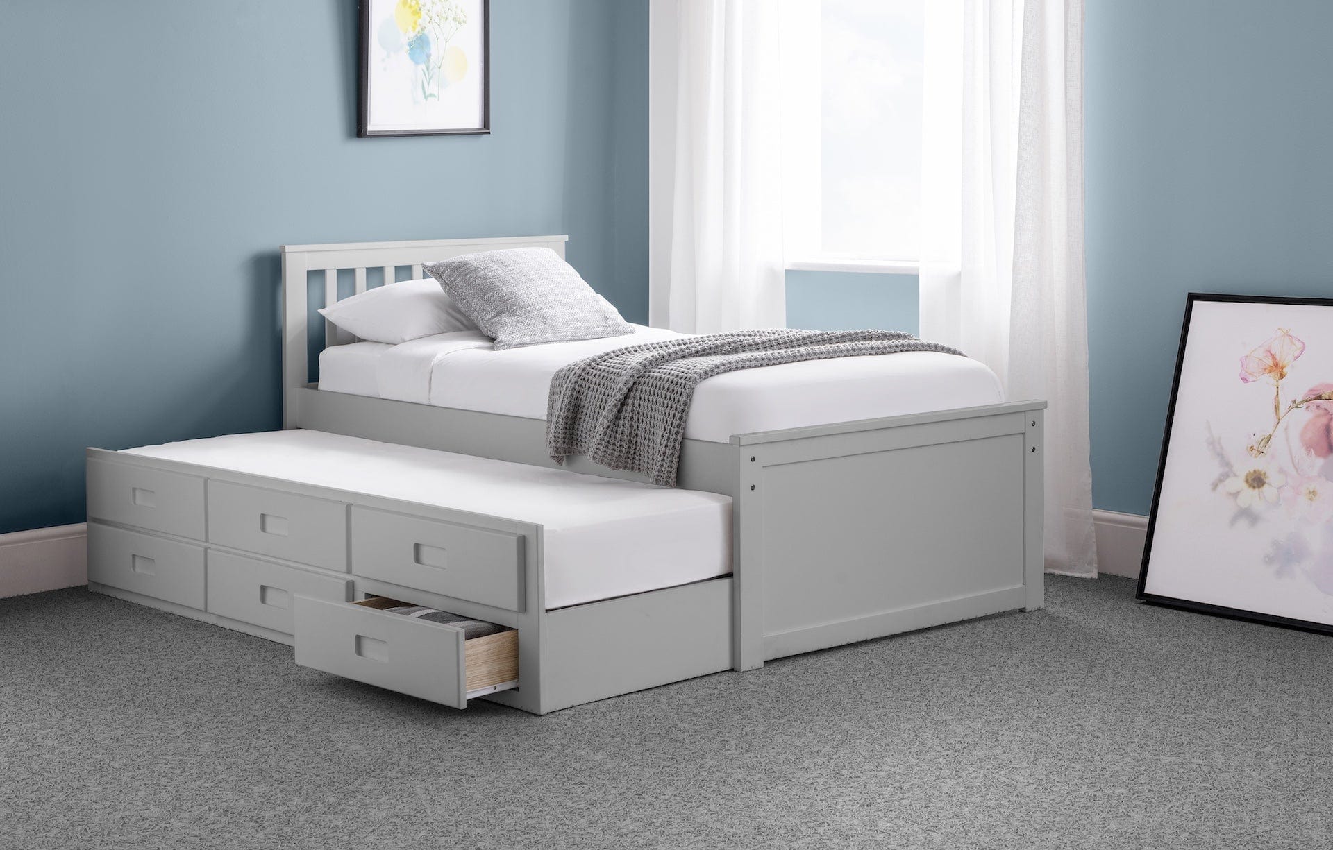 Julian Bowen Guest Bed Single 90cm 3ft Maisie Bed With Underbed And Drawers - Light Grey Bed Kings