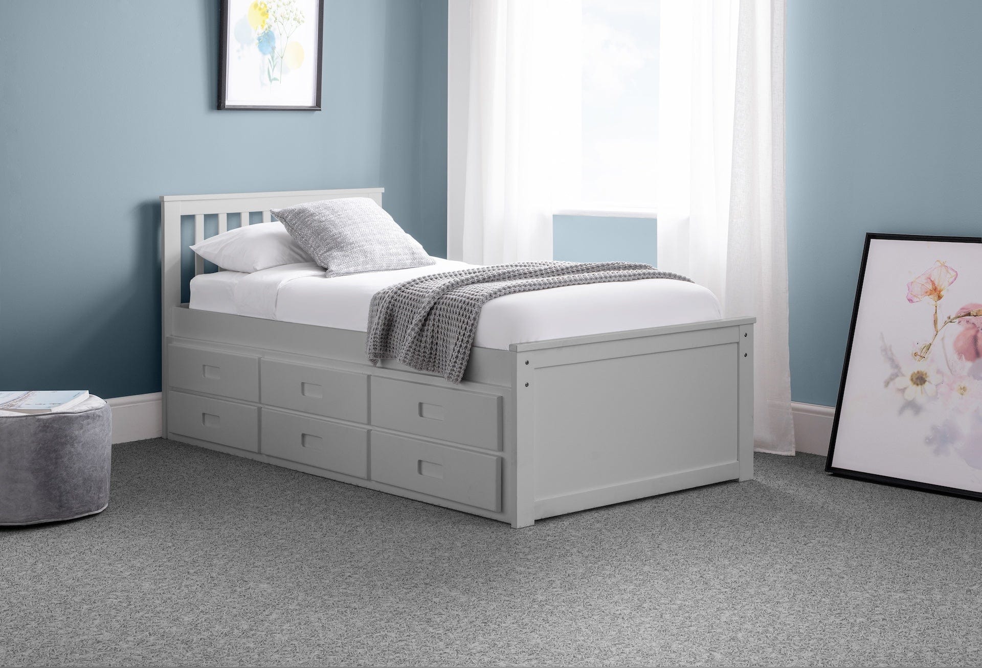Julian Bowen Guest Bed Single 90cm 3ft Maisie Bed With Underbed And Drawers - Light Grey Bed Kings