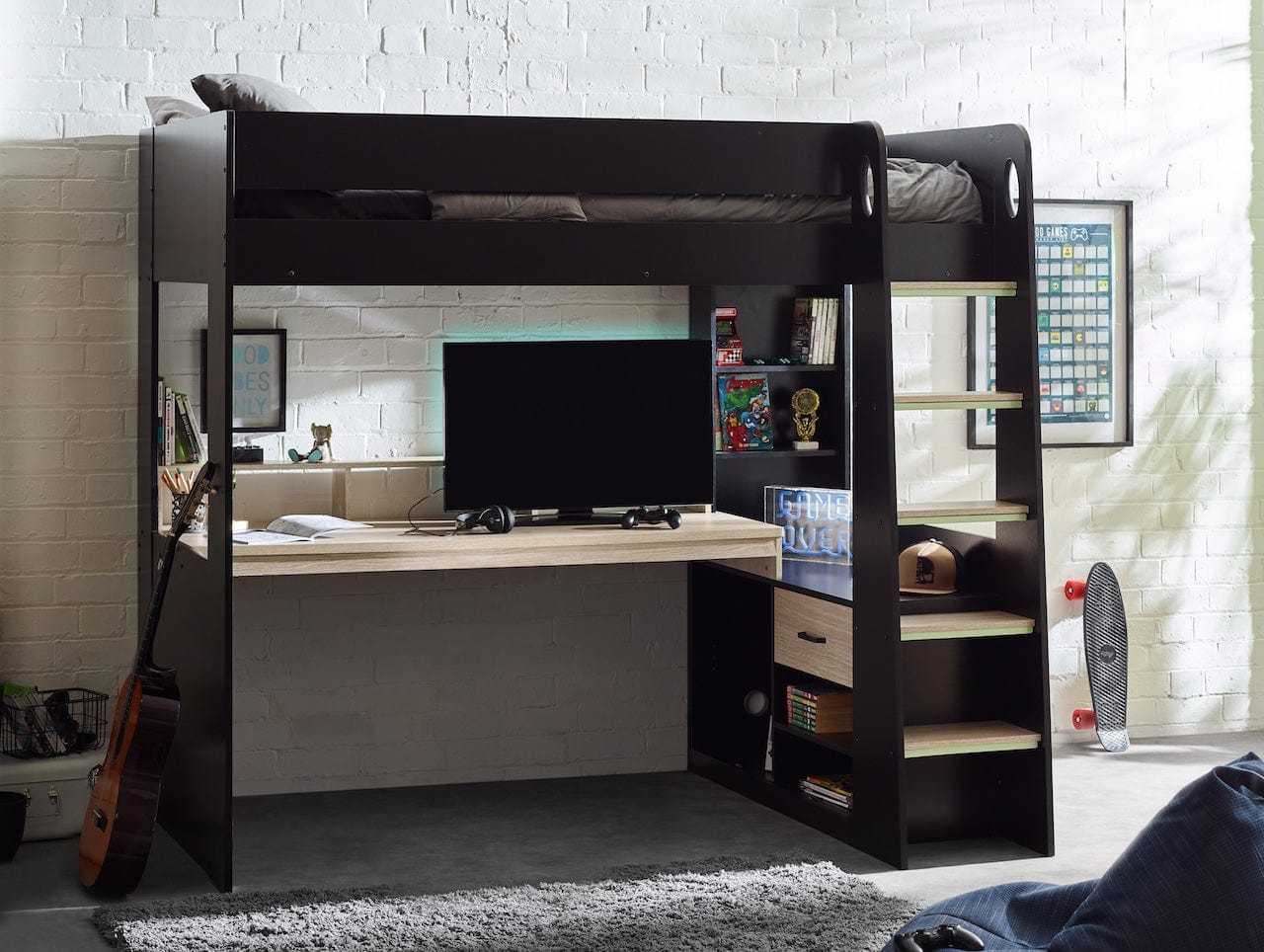 Julian Bowen High Sleeper Bed Single 90cm 3ft Blaze Gaming Highsleeper Bed - Black And Pale Wood Bed Kings