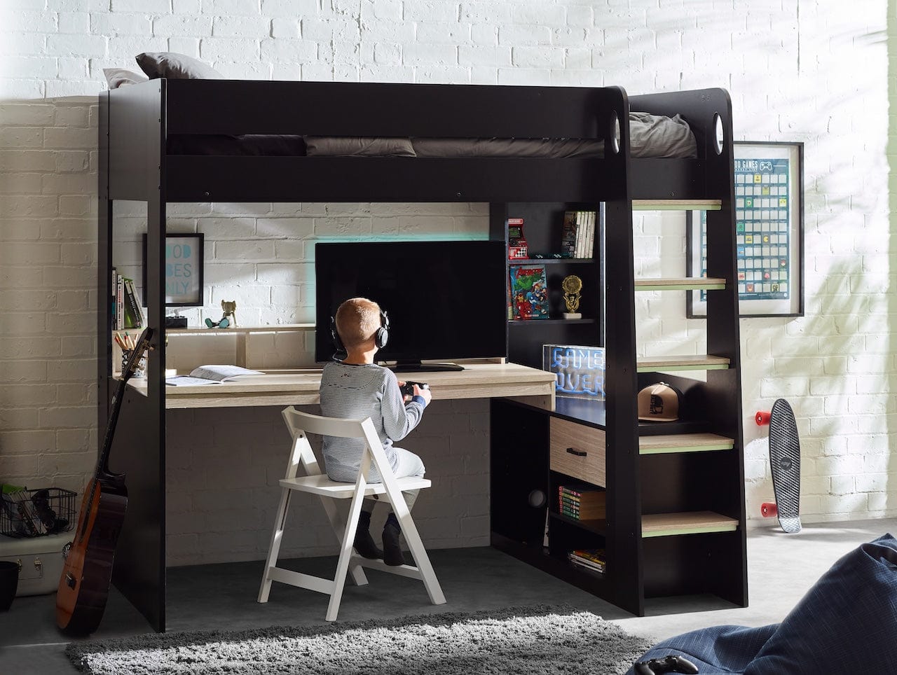 Julian Bowen High Sleeper Bed Single 90cm 3ft Blaze Gaming Highsleeper Bed - Black And Pale Wood Bed Kings