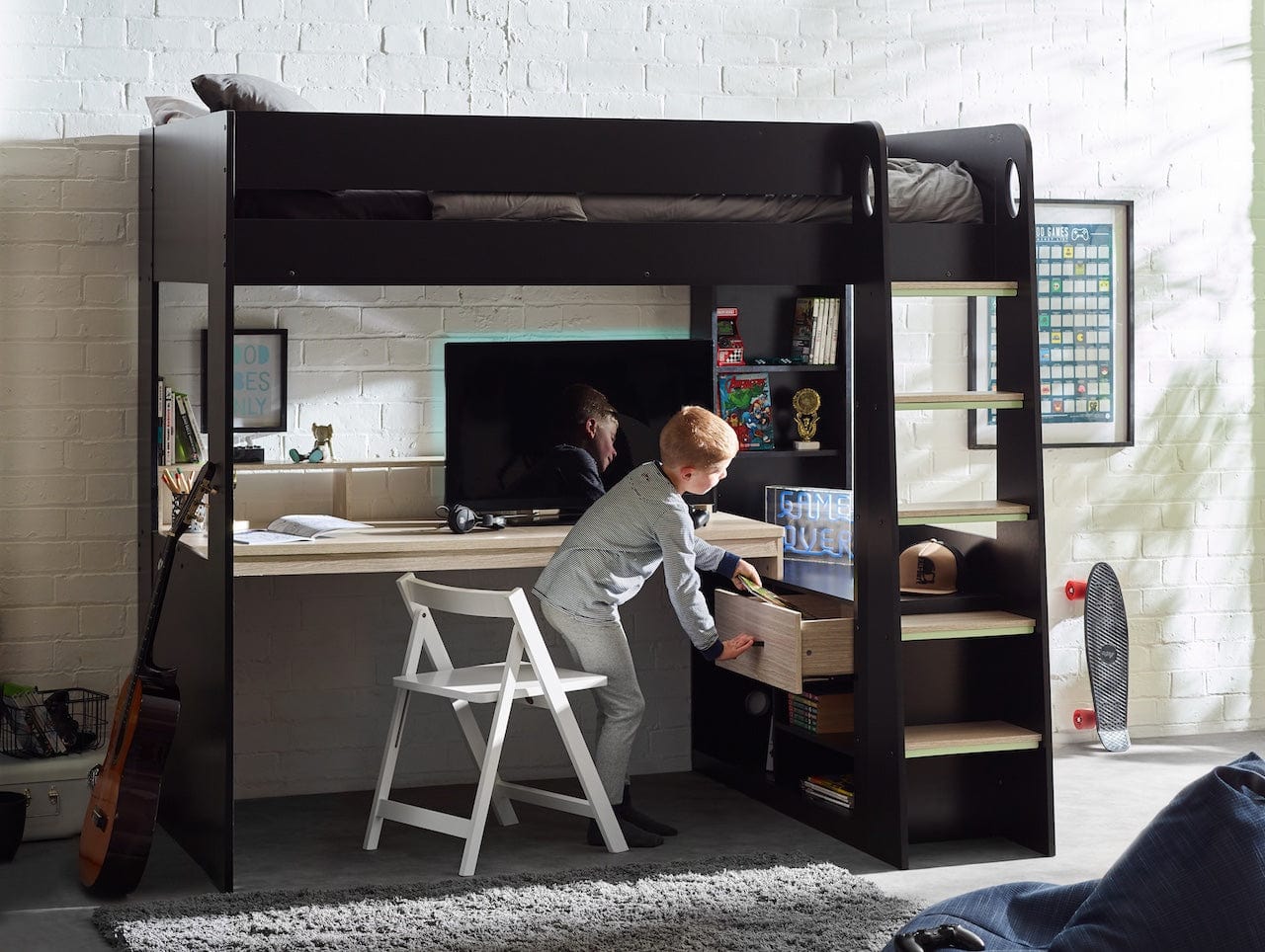Julian Bowen High Sleeper Bed Single 90cm 3ft Blaze Gaming Highsleeper Bed - Black And Pale Wood Bed Kings
