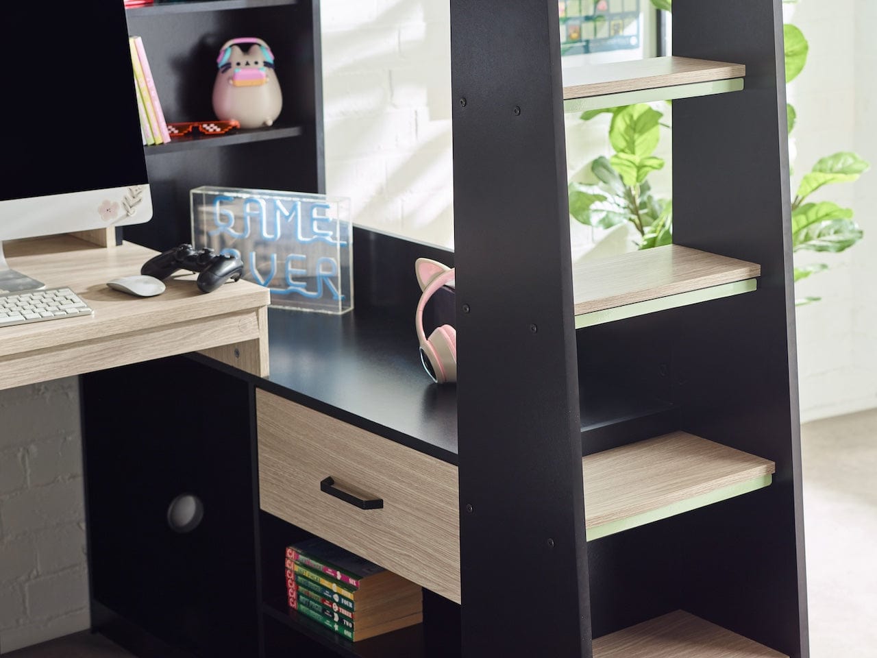 Julian Bowen High Sleeper Bed Single 90cm 3ft Blaze Gaming Highsleeper Bed - Black And Pale Wood Bed Kings