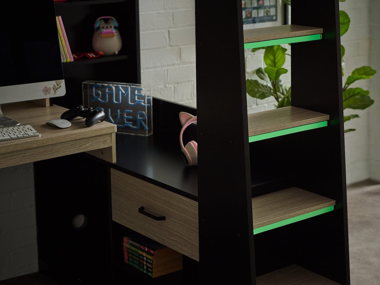 Julian Bowen High Sleeper Bed Single 90cm 3ft Blaze Gaming Highsleeper Bed - Black And Pale Wood Bed Kings