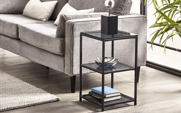 Julian Bowen LAMP TABLE Chicago Tall Narrow Side Table Smoked Glass Bed Kings