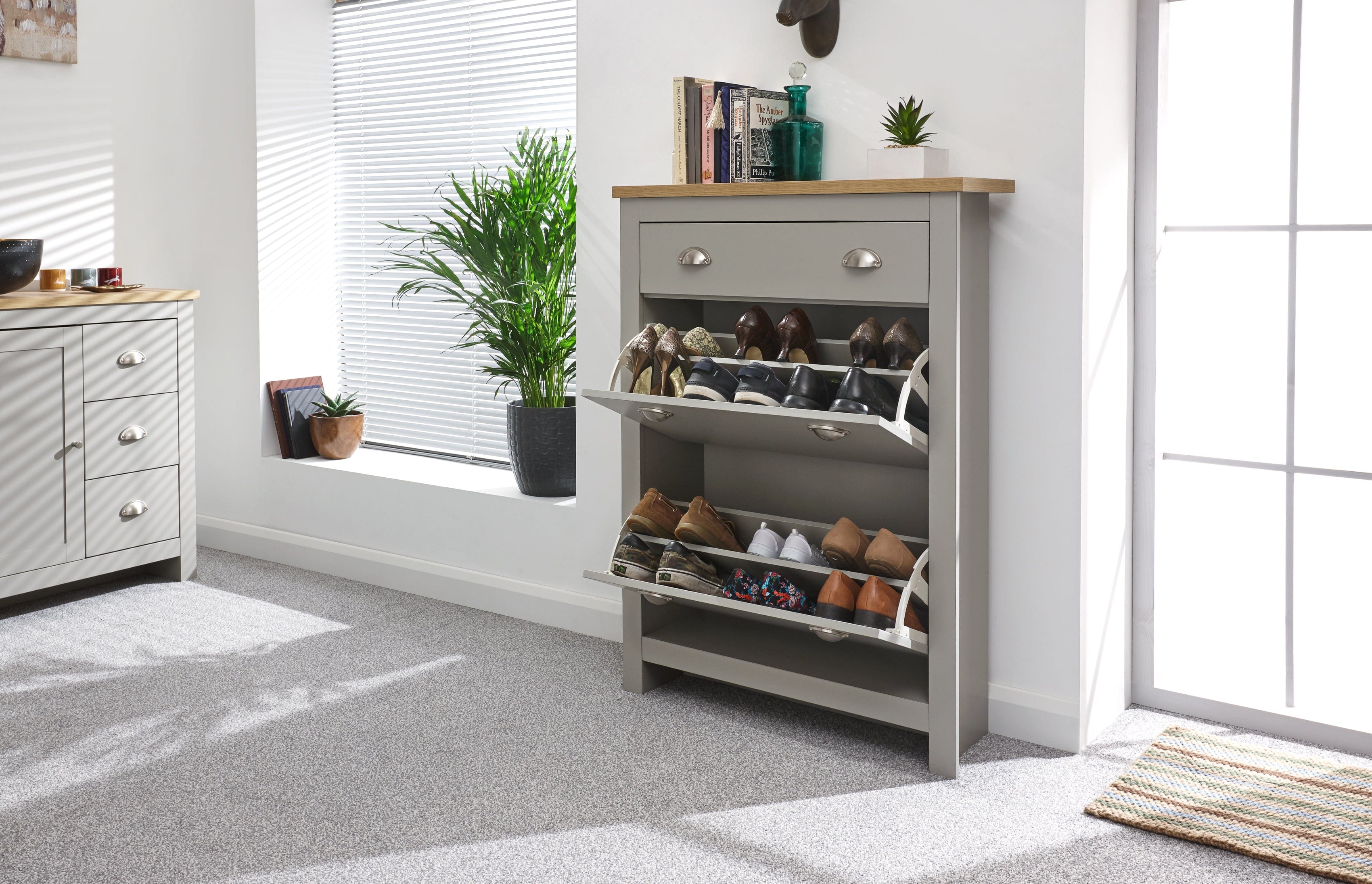 GFW Shoe Cabinet Lancaster 2Dr 1Drw Shoe Cabinet Grey Bed Kings