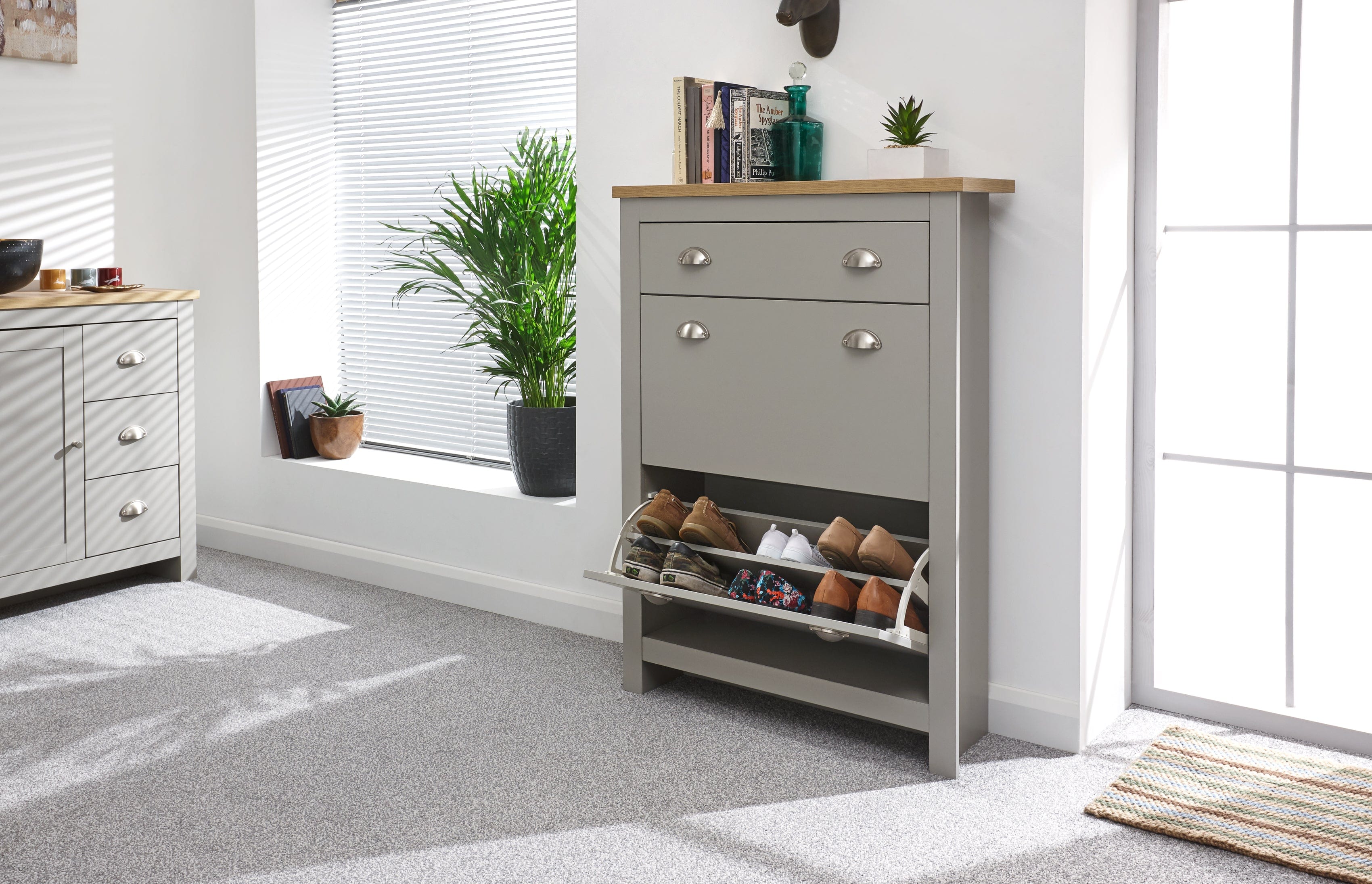GFW Shoe Cabinet Lancaster 2Dr 1Drw Shoe Cabinet Grey Bed Kings