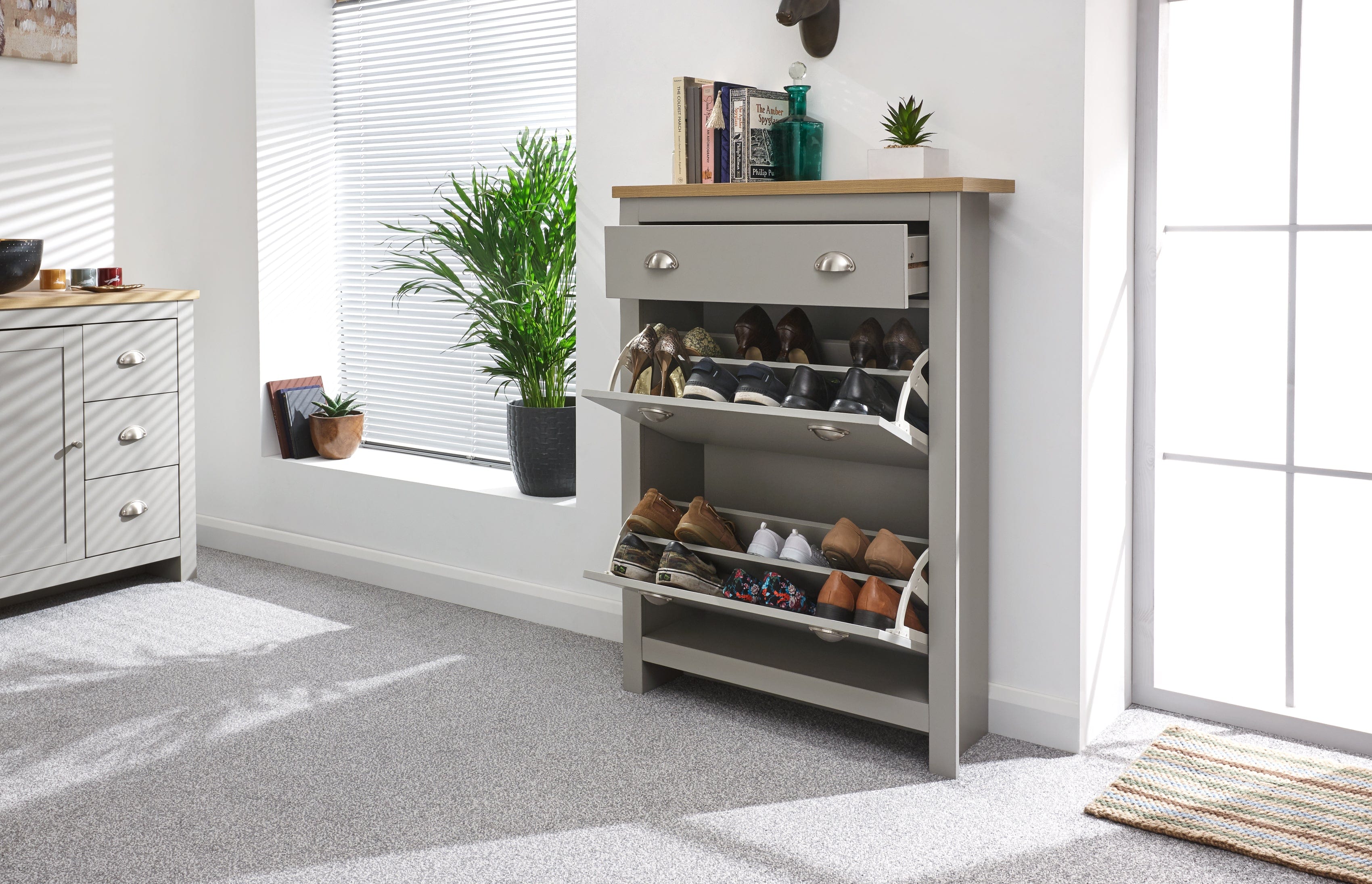 GFW Shoe Cabinet Lancaster 2Dr 1Drw Shoe Cabinet Grey Bed Kings