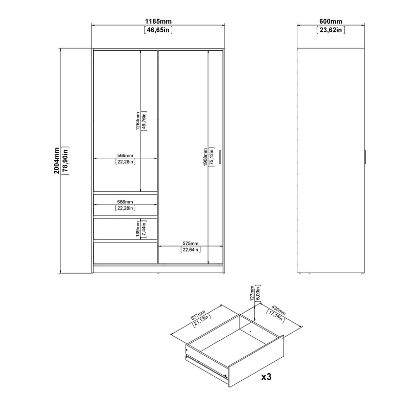 FTG Sliding Wardrobe Naia Wardrobe with 1 Sliding door + 1 door + 3 drawers in Jackson Hickory Oak Bed Kings