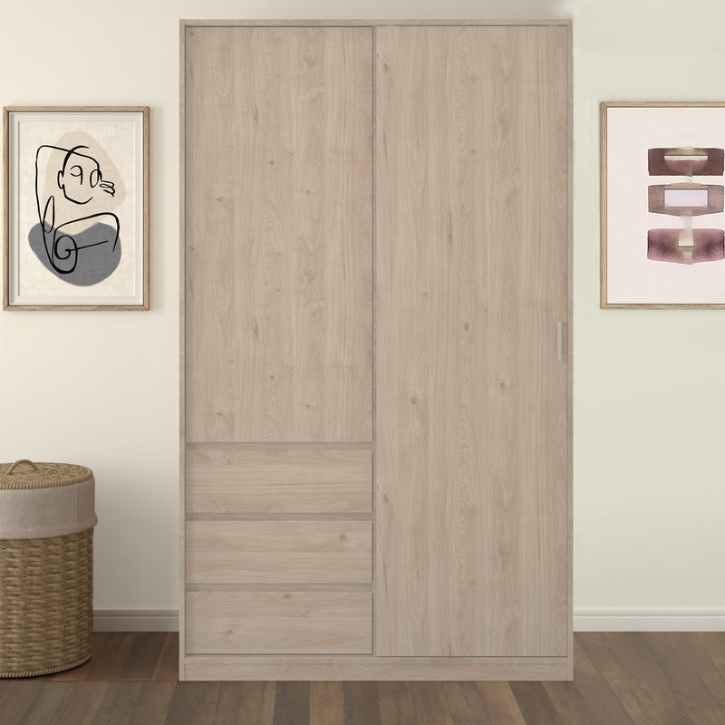 FTG Sliding Wardrobe Naia Wardrobe with 1 Sliding door + 1 door + 3 drawers in Jackson Hickory Oak Bed Kings