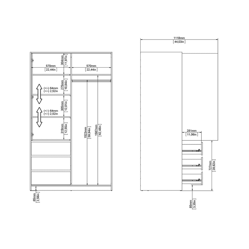 FTG Sliding Wardrobe Naia Wardrobe with 1 Sliding door + 1 door + 3 drawers in Jackson Hickory Oak Bed Kings