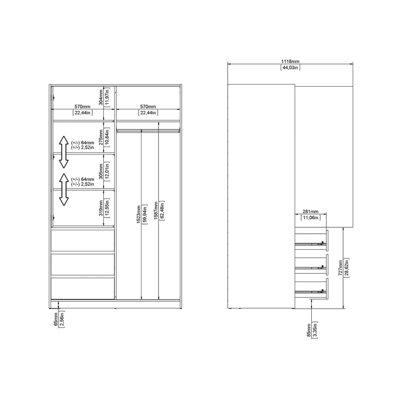 FTG Sliding Wardrobe Naia Wardrobe with 1 Sliding door + 1 door + 3 drawers in White High Gloss Bed Kings