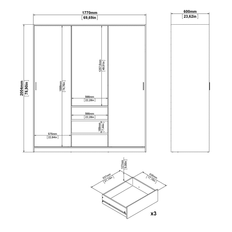 FTG Sliding Wardrobe Naia Wardrobe with 2 sliding doors + 1 door + 3 drawers in High Gloss White Bed Kings
