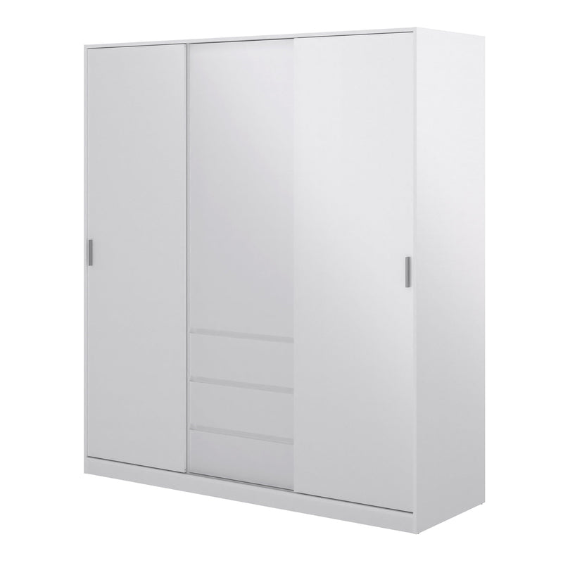 FTG Sliding Wardrobe Naia Wardrobe with 2 sliding doors + 1 door + 3 drawers in High Gloss White Bed Kings
