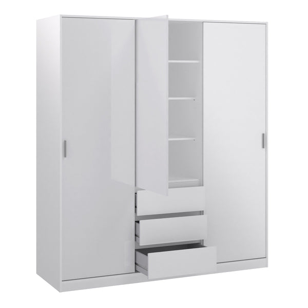 FTG Sliding Wardrobe Naia Wardrobe with 2 sliding doors + 1 door + 3 drawers in High Gloss White Bed Kings