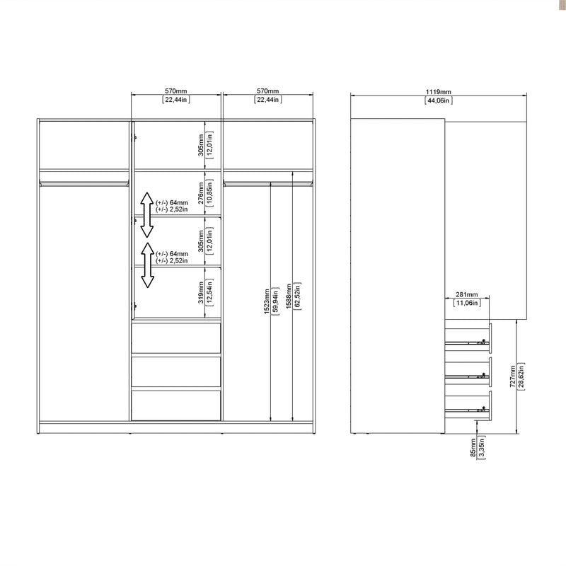 FTG Sliding Wardrobe Naia Wardrobe with 2 sliding doors + 1 door + 3 drawers in Jackson Hickory Oak Bed Kings