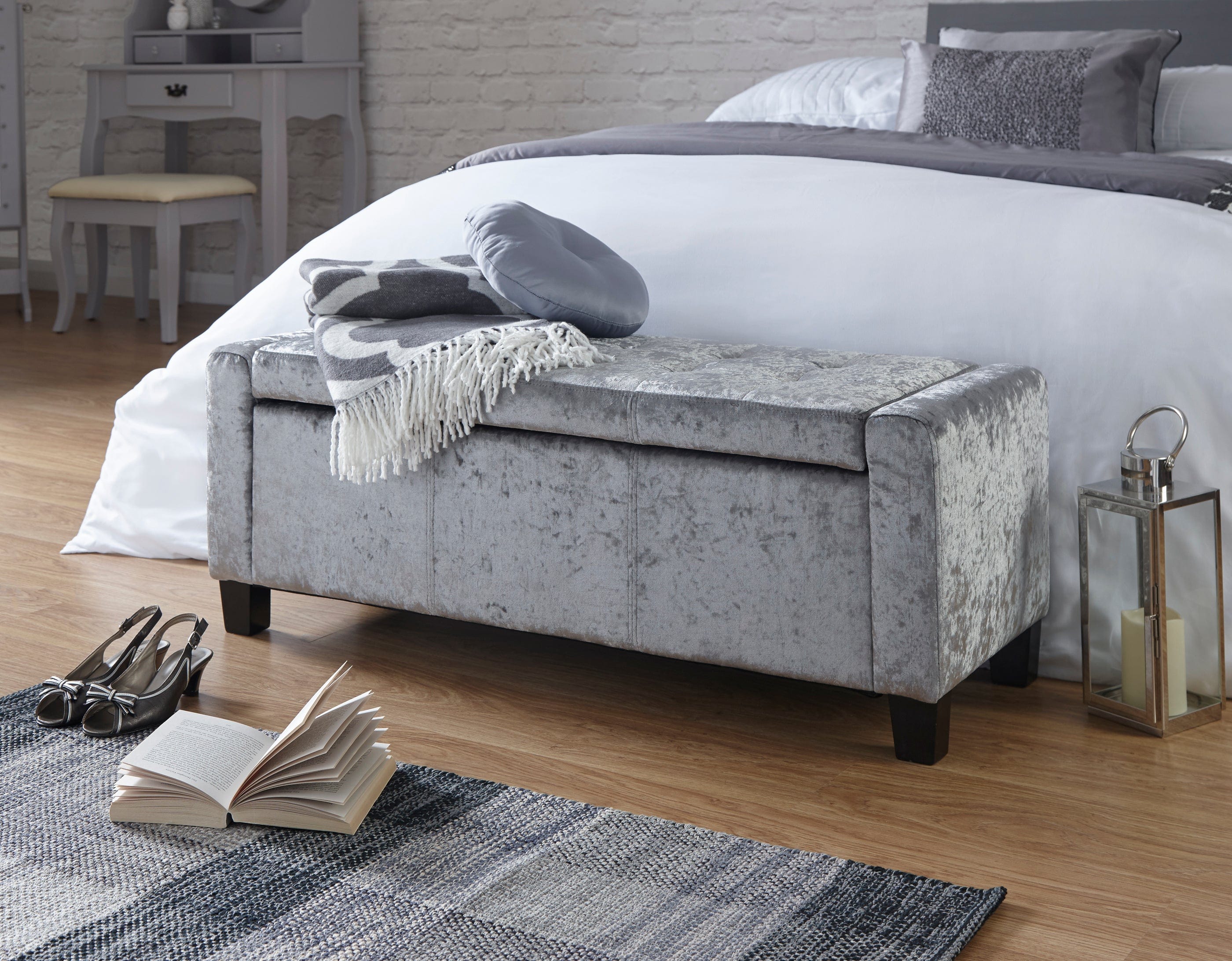 GFW Storage Ottoman Verona Ottoman Bench Grey Crushed Velvet Bed Kings