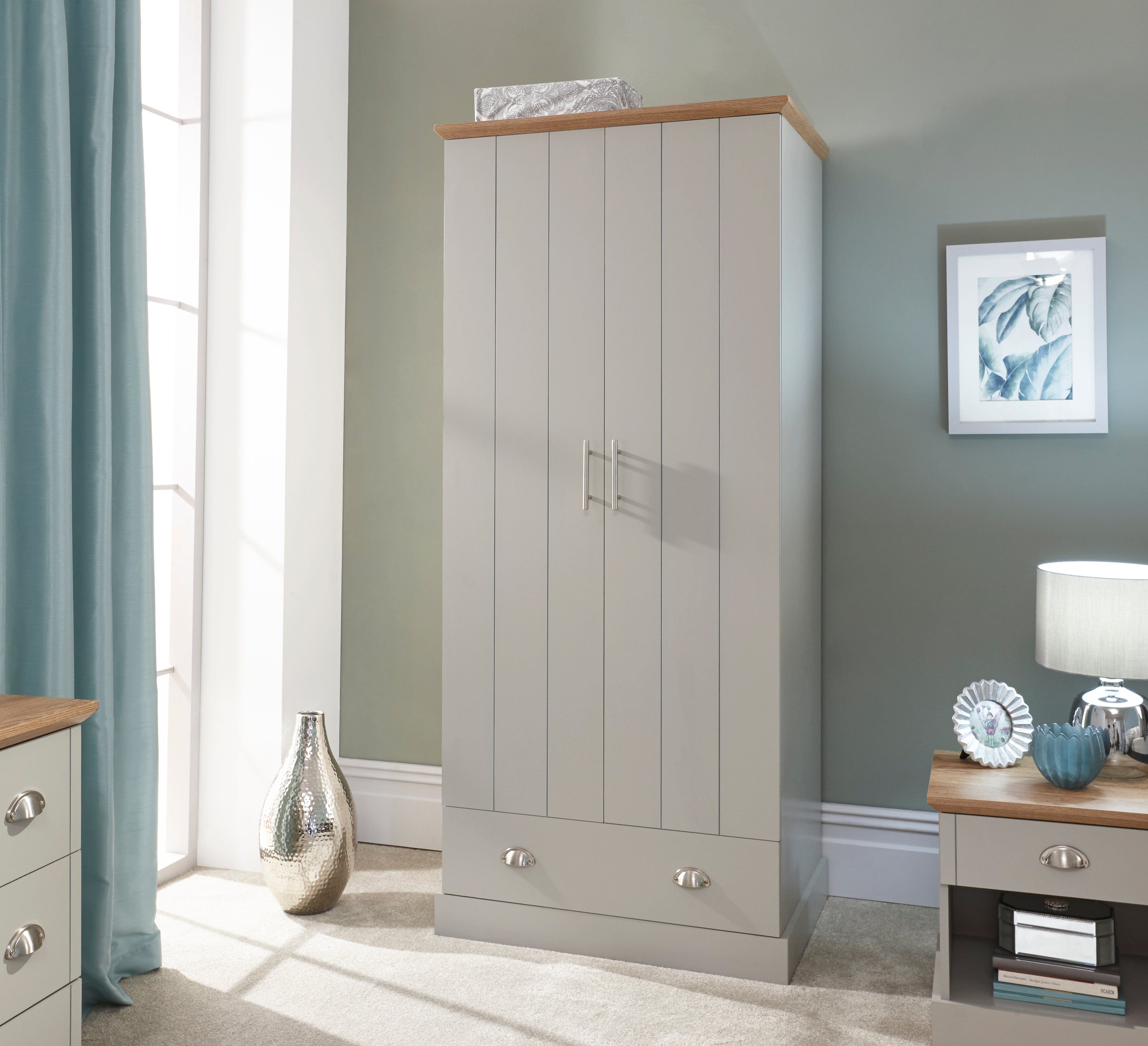 GFW Wardrobe Kendal 2 Door 1 Drawer Wardrobe Grey Bed Kings
