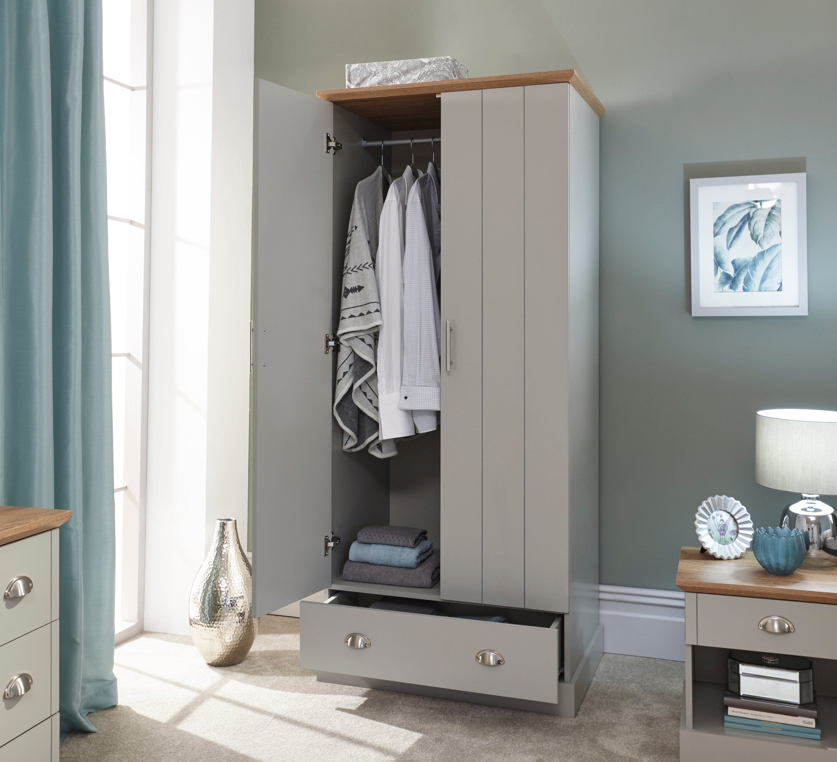 GFW Wardrobe Kendal 2 Door 1 Drawer Wardrobe Grey Bed Kings