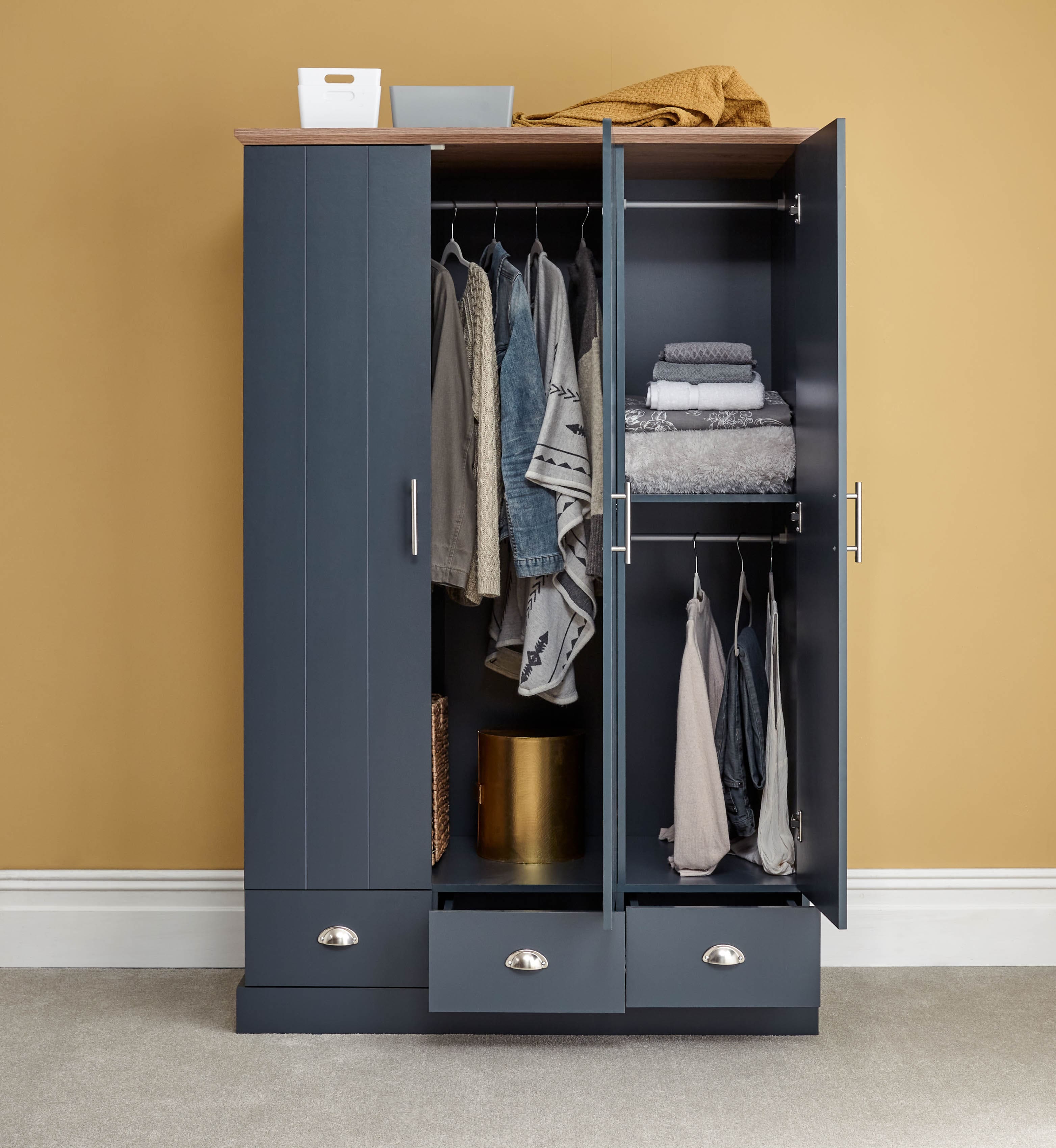 GFW Wardrobe Kendal 3 Door 3 Drawer Wardrobe Slate Blue Bed Kings