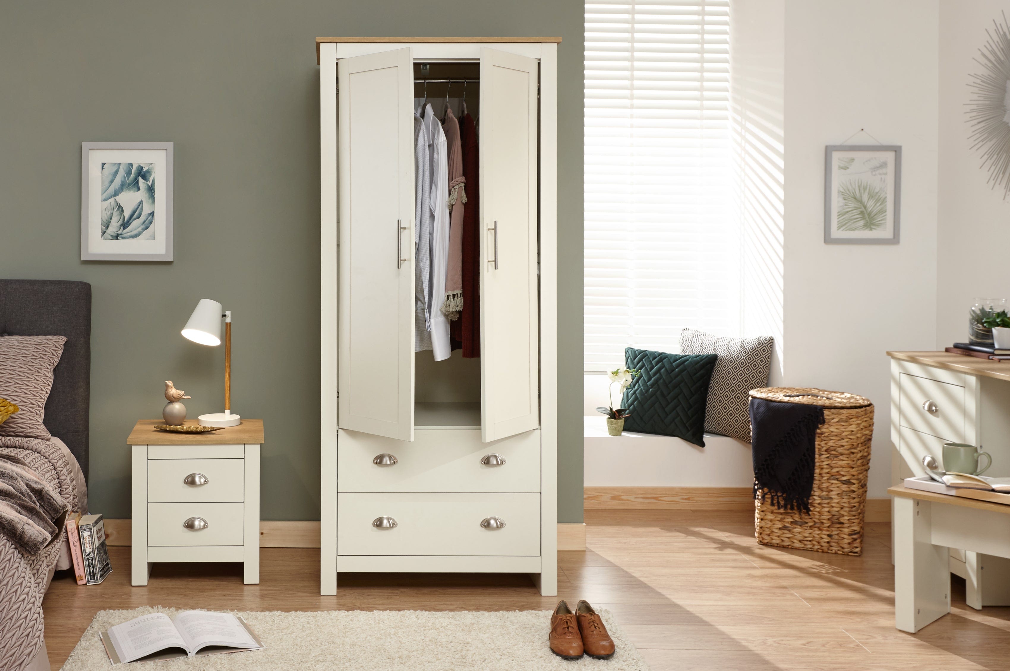 GFW Wardrobe Lancaster 2 Door 2 Drawer Wardrobe Cream Bed Kings