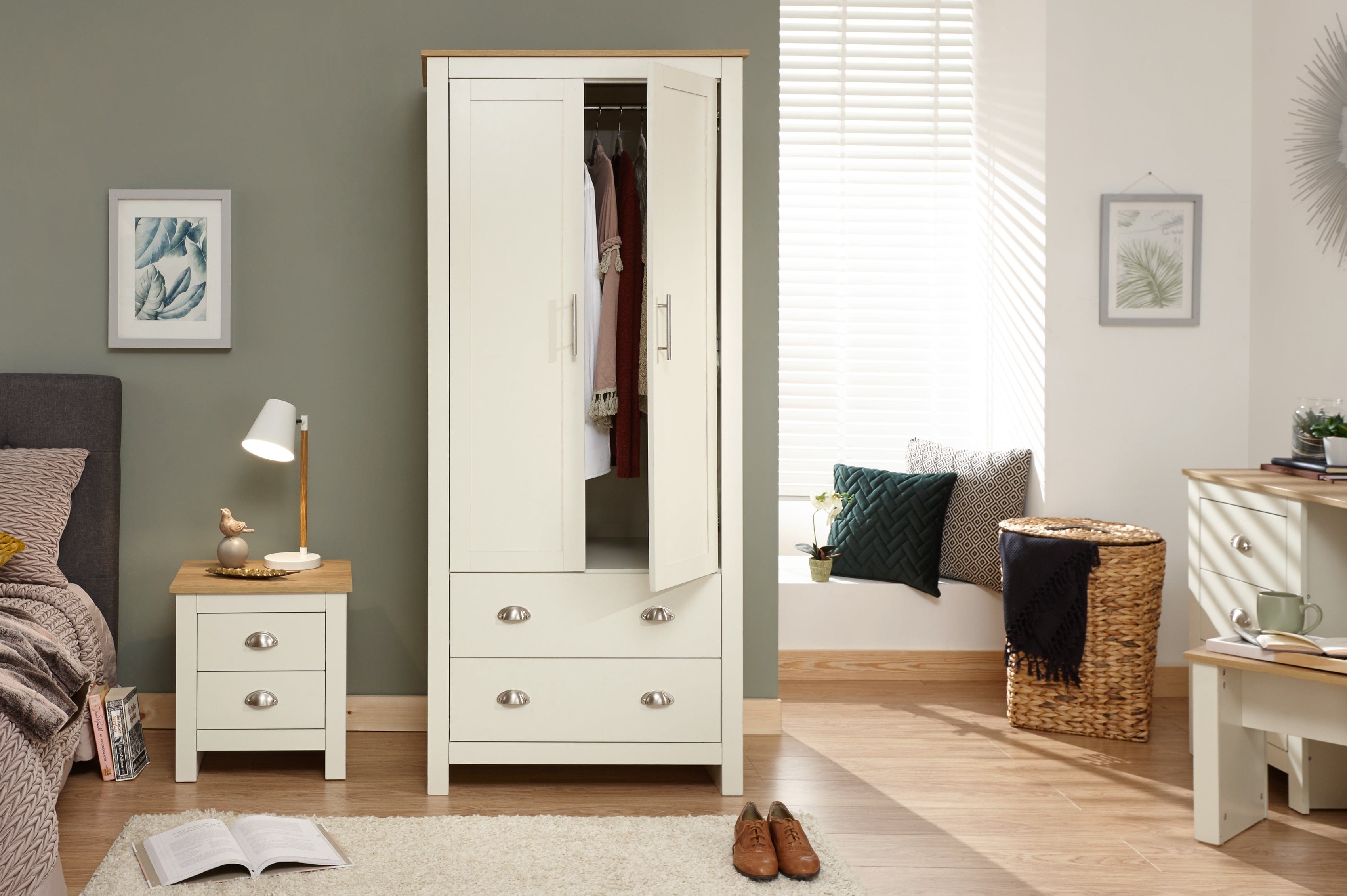 GFW Wardrobe Lancaster 2 Door 2 Drawer Wardrobe Cream Bed Kings