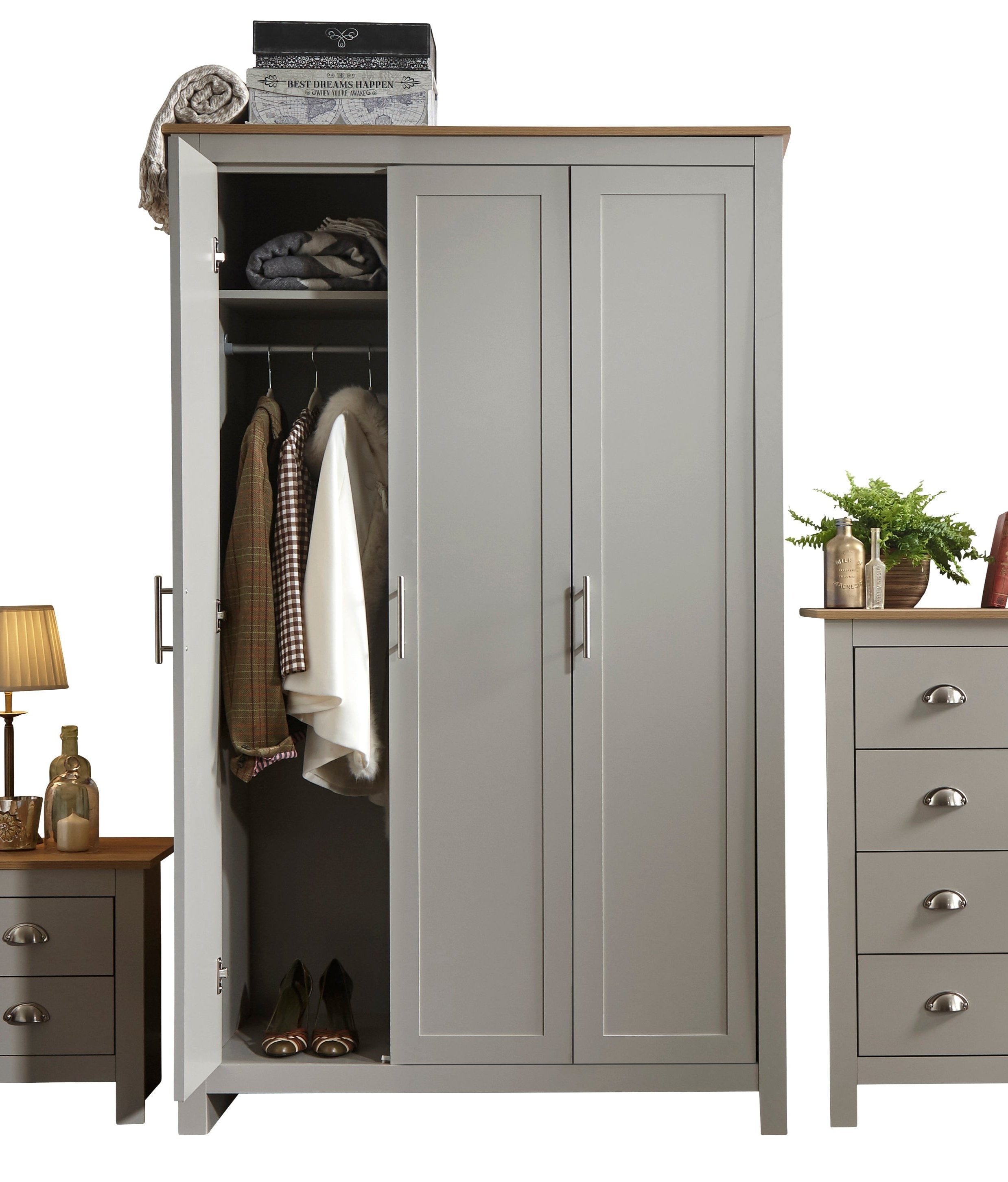 GFW Wardrobe Lancaster 3 Door Wardrobe Grey Bed Kings