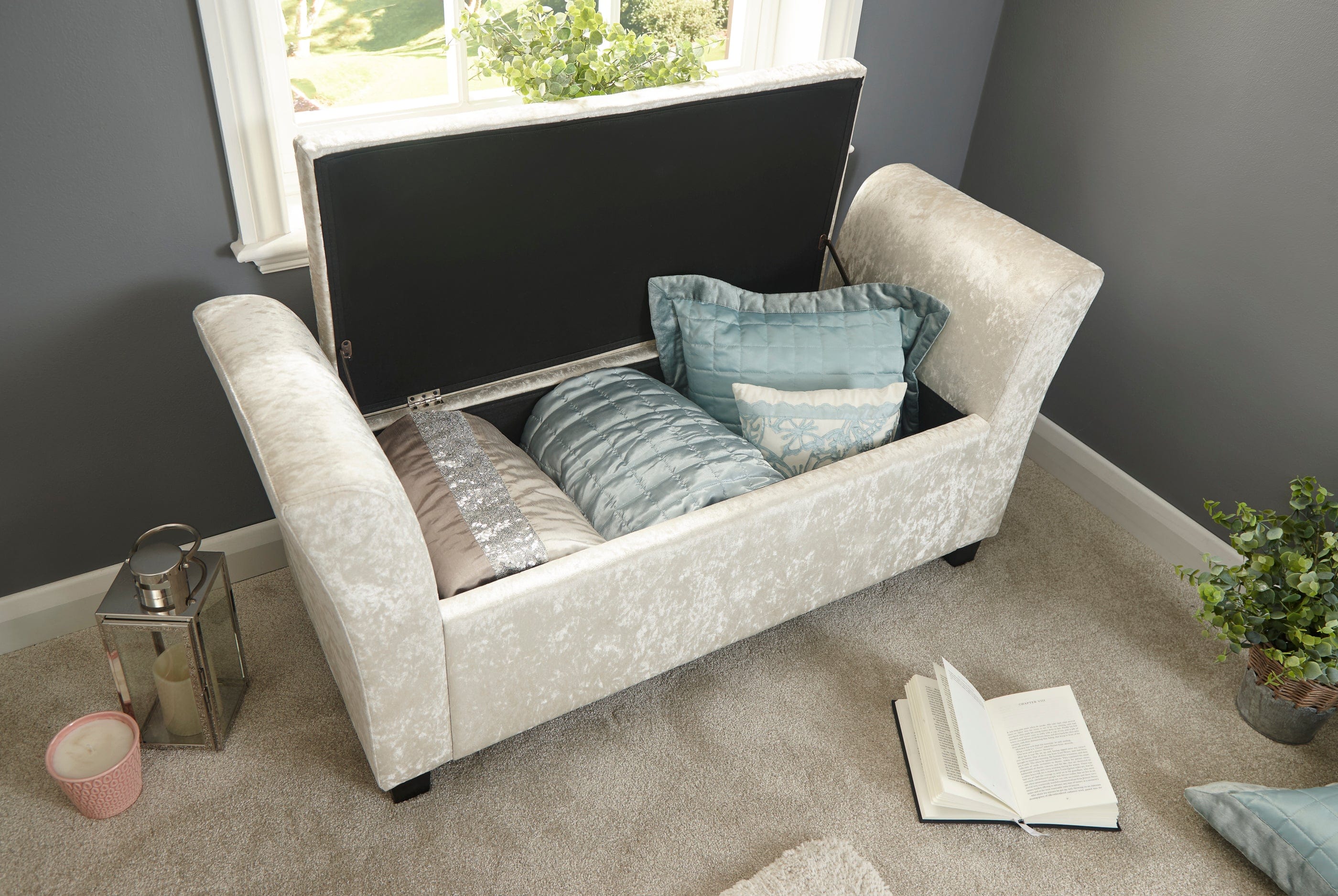 GFW Window Seat Verona Window Seat Oyster Crushed Velvet Bed Kings