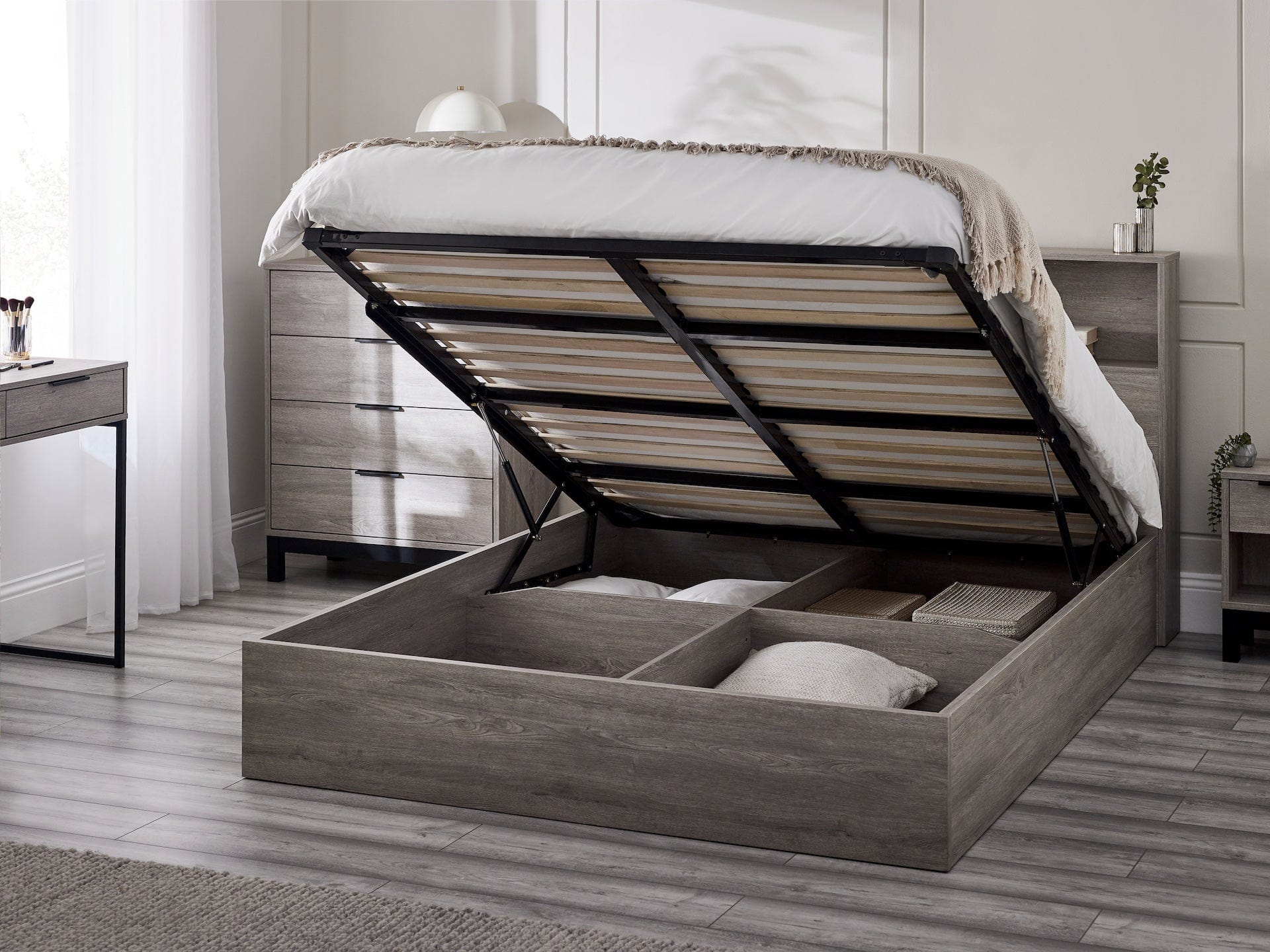 Julian Bowen Wood Bed Bali Ottoman Storage Bed - Grey Oak Bed Kings
