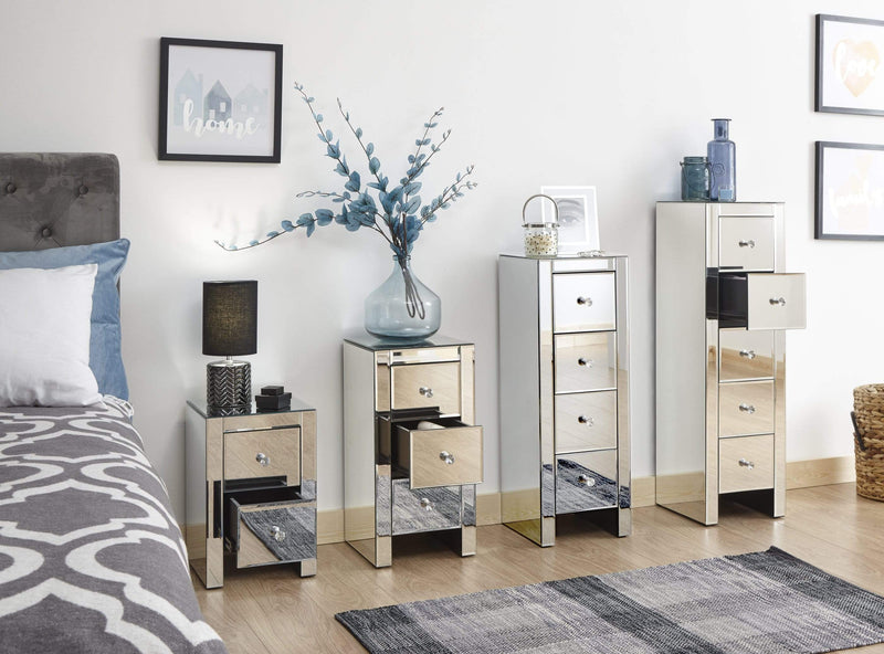 GFW Bedroom Set Mirrored 3 Drawer Slim Chest Clear Glass Bed Kings