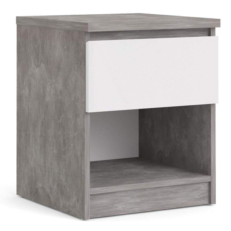 FTG Bedside Cabinet Naia Bedside - 1 Drawer 1 Shelf in Concrete and White High Gloss Bed Kings