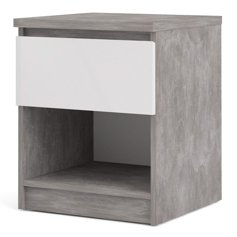 FTG Bedside Cabinet Naia Bedside - 1 Drawer 1 Shelf in Concrete and White High Gloss Bed Kings