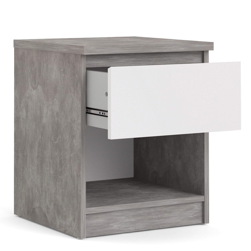 FTG Bedside Cabinet Naia Bedside - 1 Drawer 1 Shelf in Concrete and White High Gloss Bed Kings