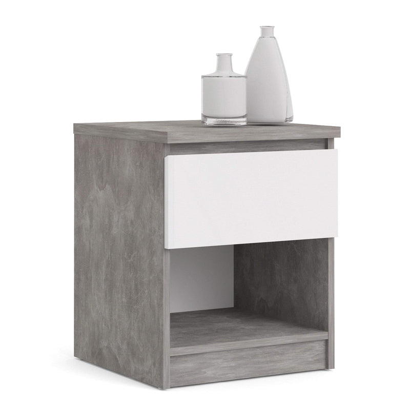 FTG Bedside Cabinet Naia Bedside - 1 Drawer 1 Shelf in Concrete and White High Gloss Bed Kings